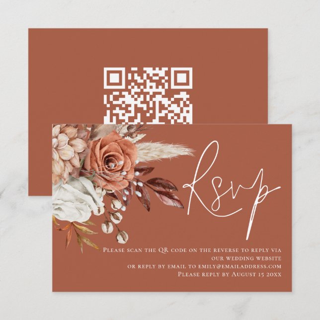 Boho Terracotta florals QR Code Wedding RSVP  Card (Front/Back)