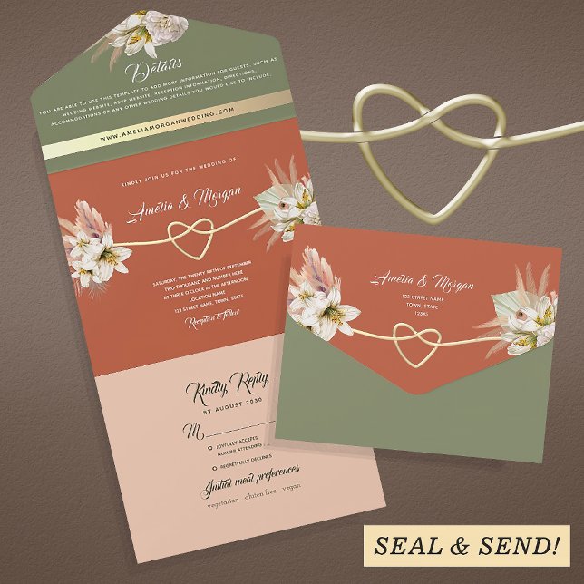 Boho Terracotta Green Wedding All In One Invitation (Creator Uploaded)