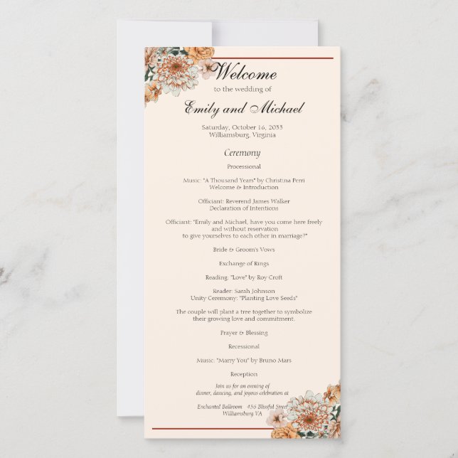 Boho Terracotta Lush Fall Floral Wedding Program (Front)