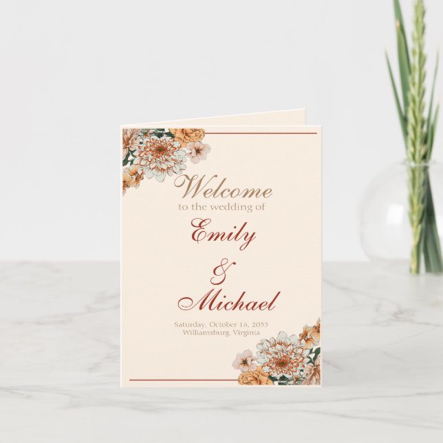 Boho Terracotta Lush Fall Floral Wedding Program Note Card (Front)