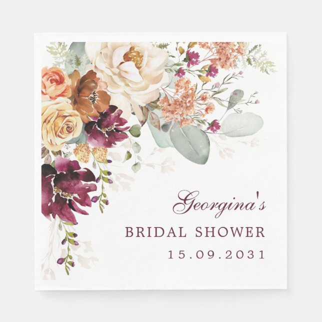 Boho Terracotta Maroon Floral Bridal Shower Napkin (Front)