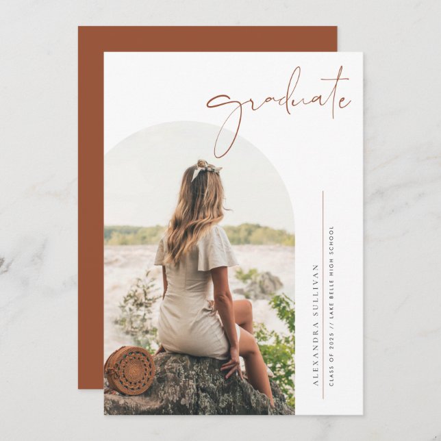 Boho Terracotta Minimalist Arch Photo Graduation Invitation (Front/Back)