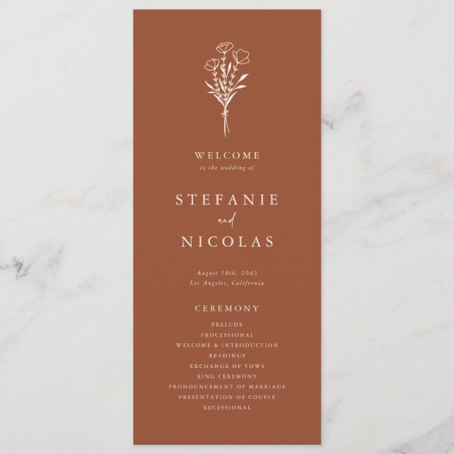 Boho Terracotta Minimalist Botanicals Wedding Programme (Front)