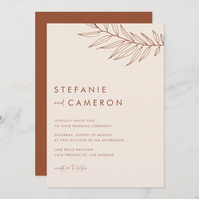 Boho Terracotta Minimalist Foliage Wedding Invitation (Front/Back)