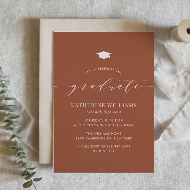 Boho Terracotta Minimalist Script Graduation Party Invitation (Customizable boho graduation invitation featuring whimsical script and a terracotta background.)
