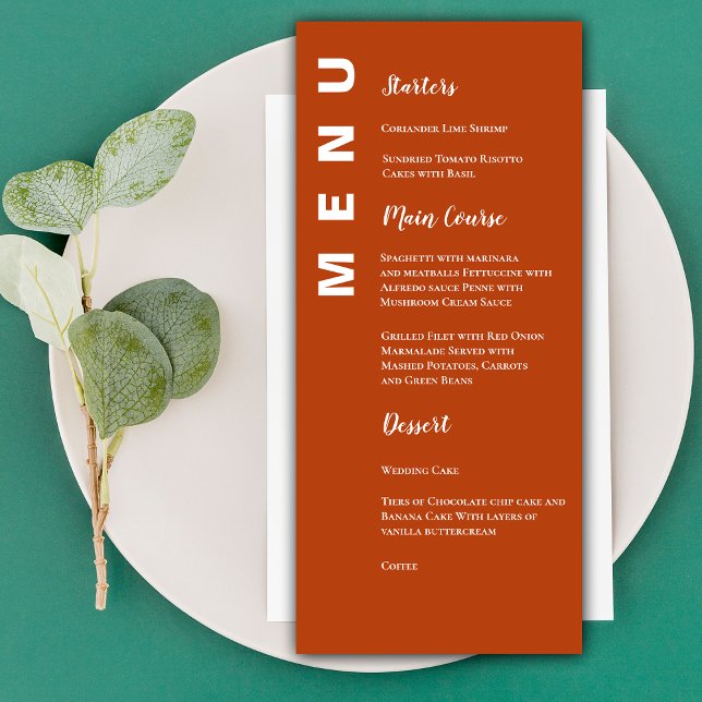 Boho Terracotta Minimalist Wedding Menu Card (Elegant Minimalist Terracotta Wedding Party Menu)