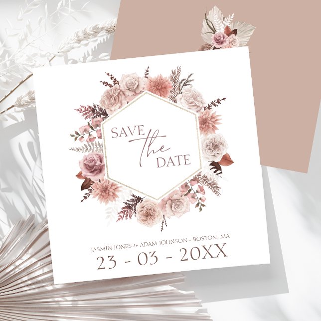 Boho Terracotta Neutral Floral Wreath Wedding Save The Date (Boho Dusty Pink Dried Flowers Wreath Wedding Save The Date)