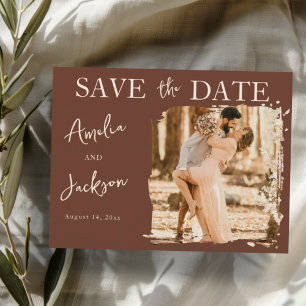 Boho Terracotta One Photo Save the Date Wedding Announcement Postcard
