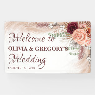 Boho Terracotta Pampas Floral Burgundy Wedding Banner