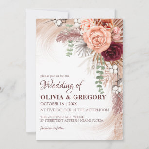 Boho Terracotta Pampas Floral Burgundy Wedding Invitation