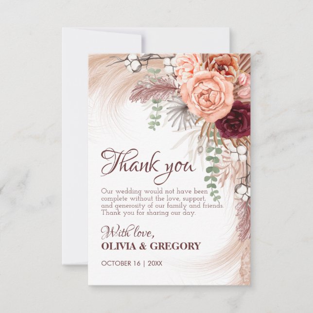 Boho Terracotta Pampas Floral Burgundy Wedding Thank You Card (Front)