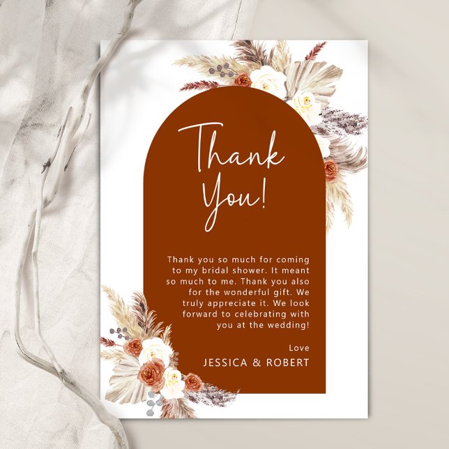 Boho Terracotta Pampas Gras Bridal Shower Thank You Card (Creator Uploaded)