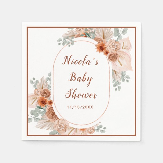 Boho Terracotta Pampas Grass Baby Shower Napkin (Front)