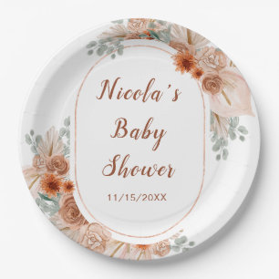 Boho Terracotta Pampas Grass Baby Shower Paper Plate