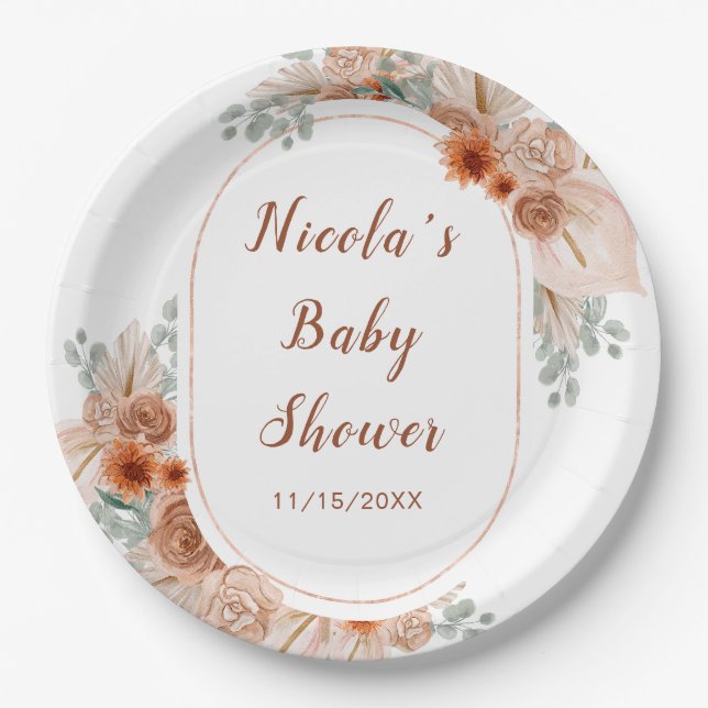 Boho Terracotta Pampas Grass Baby Shower Paper Plate (Front)