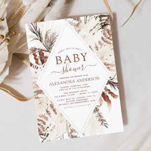 Boho Terracotta Pampas Grass Beige Baby Shower Inv Invitation
