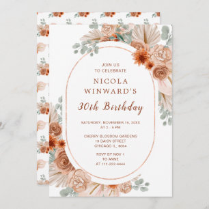 Boho Terracotta Pampas Grass Birthday Party Invitation