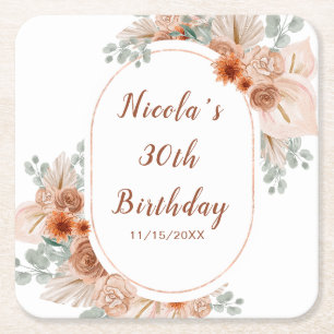 Boho Terracotta Pampas Grass Birthday Square Paper Coaster