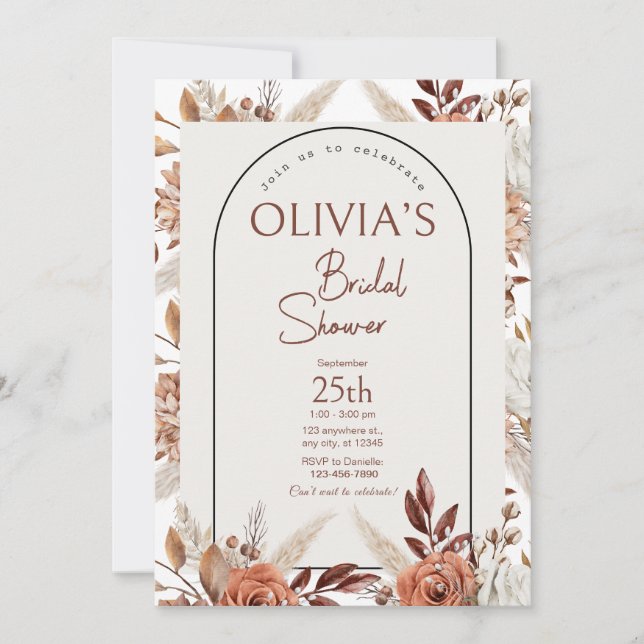 Boho Terracotta Pampas Grass Bridal Shower Invitation (Front)