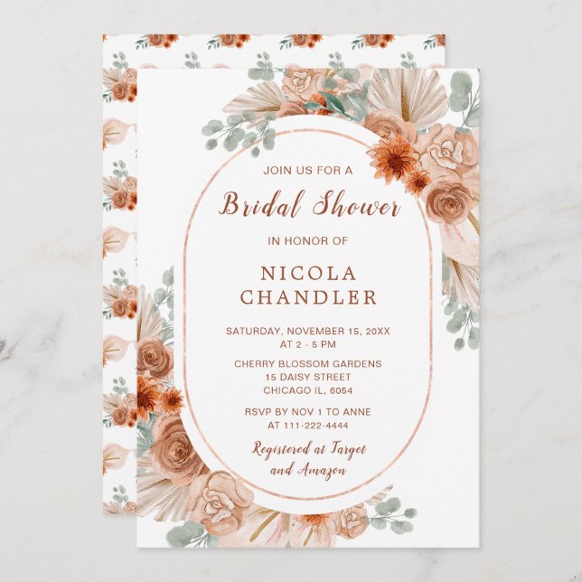 Boho Terracotta Pampas Grass Bridal Shower Invitation (Front/Back)