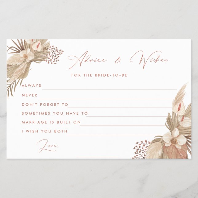 Boho Terracotta Pampas Grass bride advice card (Front)