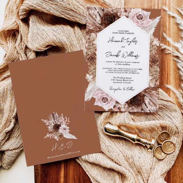 Boho Terracotta Pampas Grass Floral Wedding Invitation (Creator Uploaded)