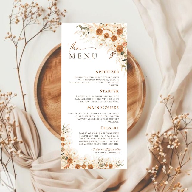 Boho Terracotta Pampas Grass Floral Wedding Menu (Creator Uploaded)