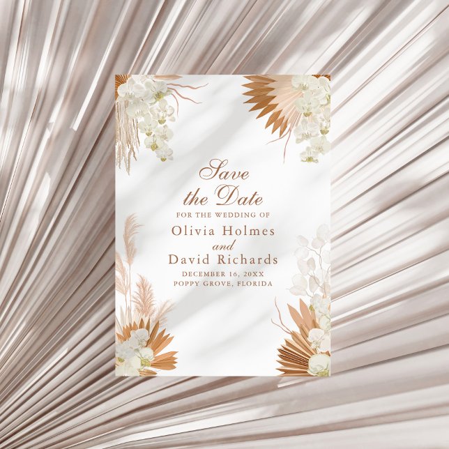 Boho Terracotta Pampas Grass Floral Wedding Save The Date (Boho Terracotta Pampas Grass Floral Wedding Save The Date on a sunny neutral dry palm leaf.)