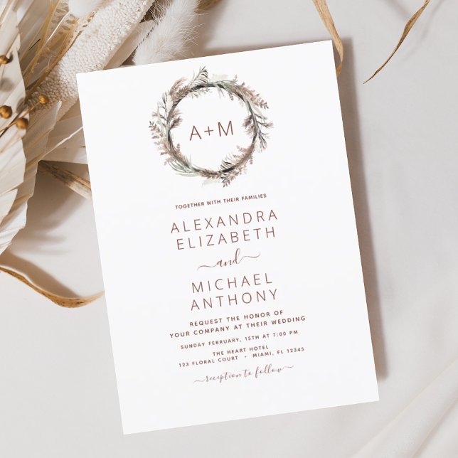 Boho Terracotta Pampas Grass Monogram Wedding Invi Invitation (Creator Uploaded)