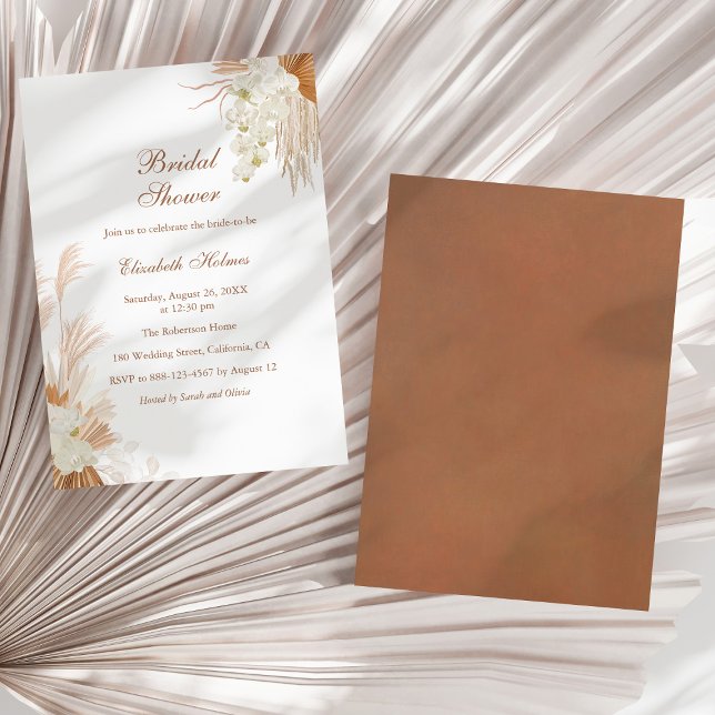 Boho Terracotta Pampas Grass Orchid Bridal Shower Invitation (Boho Terracotta Pampas Grass Orchid Bridal Shower Invitation on a sunny white dry palm leaf.)