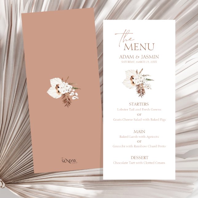 Boho Terracotta Pampas Grass Orchid Wedding Menu  (Boho Terracotta Brown Pampas Grass Floral Wedding Menu)