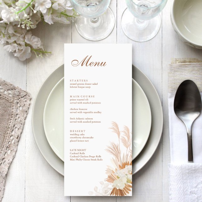 Boho Terracotta Pampas Grass Orchid Wedding Menu (Boho Terracotta Pampas Grass Orchid Menu Card on a bohemian white wedding table.)