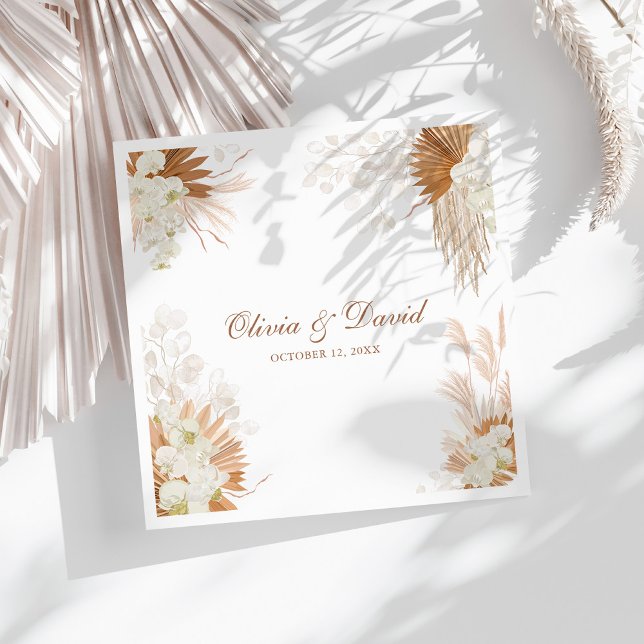 Boho Terracotta Pampas Grass Orchid Wedding Napkin (Boho Terracotta Pampas Grass Orchid Wedding Paper Dinner Napkins on a sunny white table.)