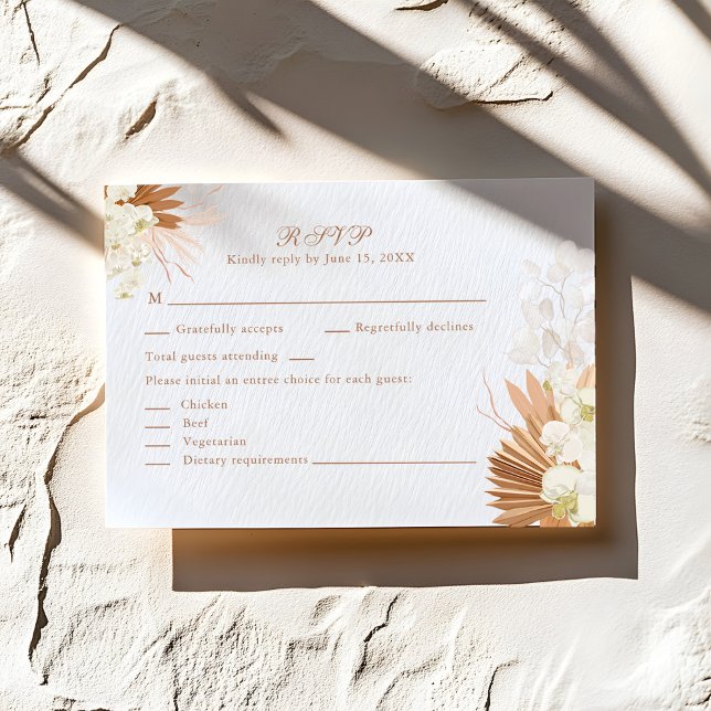 Boho Terracotta Pampas Grass Orchid Wedding  RSVP Card (Boho Terracotta Pampas Grass Floral Wedding RSVP on a sunny rustic stone table.)