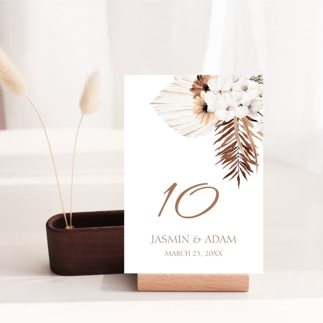 Boho Terracotta Pampas Grass Orchid Wedding  Table Number (Boho Terracotta Brown Pampas Grass Floral Wedding Table Number)