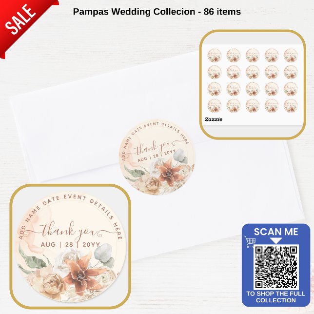 Boho Terracotta Pampas Grass Thank You Favour Clas Classic Round Sticker (Creator Uploaded)