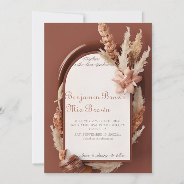Boho Terracotta Pampas Grass Wedding Invitation (Front)