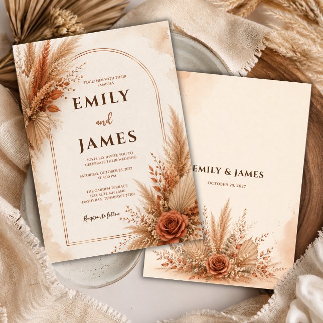 Boho Terracotta Pampas Grass Wedding Invitation (Creator Uploaded)
