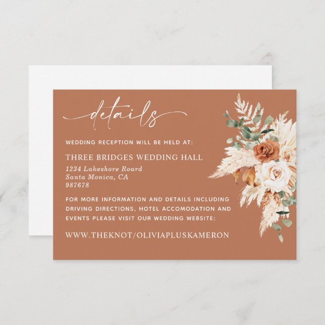 Boho Terracotta Pampas Wedding Details Card LEYLA (Front/Back)