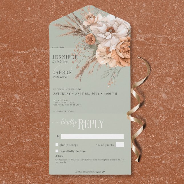 Boho Terracotta Peach Cream Floral Green No Dinner All In One Invitation (Boho Terracotta Peach Cream Floral Green No Dinner All In One Invitation)