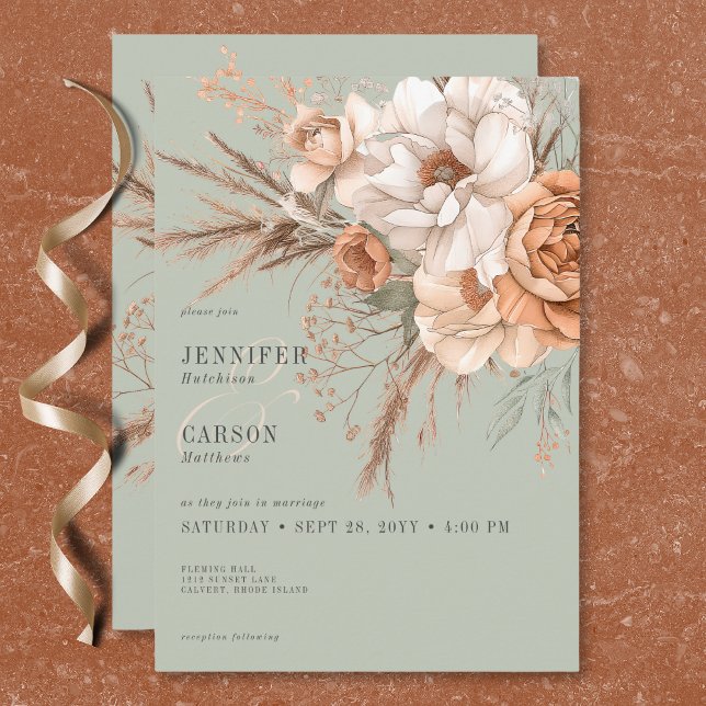 Boho Terracotta Peach & Cream Floral Green Wedding Invitation (Boho Terracotta Peach & Cream Floral Green Wedding Invitation)