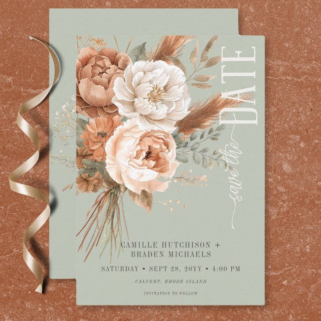 Boho Terracotta Peach & Cream Floral Green Wedding Save The Date (Boho Terracotta Peach & Cream Floral Green Wedding Save The Date)