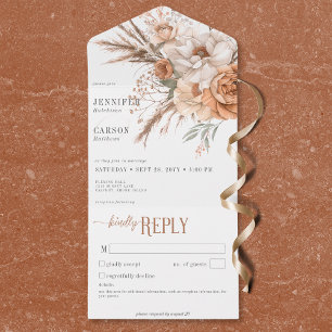Boho Terracotta Peach Cream Floral White No Dinner All In One Invitation