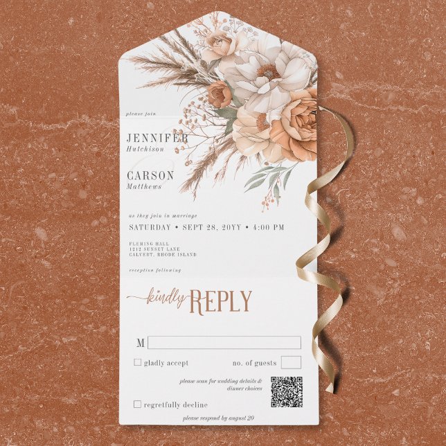 Boho Terracotta Peach & Cream Floral White QR Code All In One Invitation (Boho Terracotta Peach & Cream Floral White QR Code All In One Invitation)