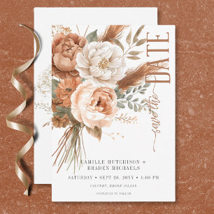 Boho Terracotta Peach & Cream Floral White Wedding Save The Date