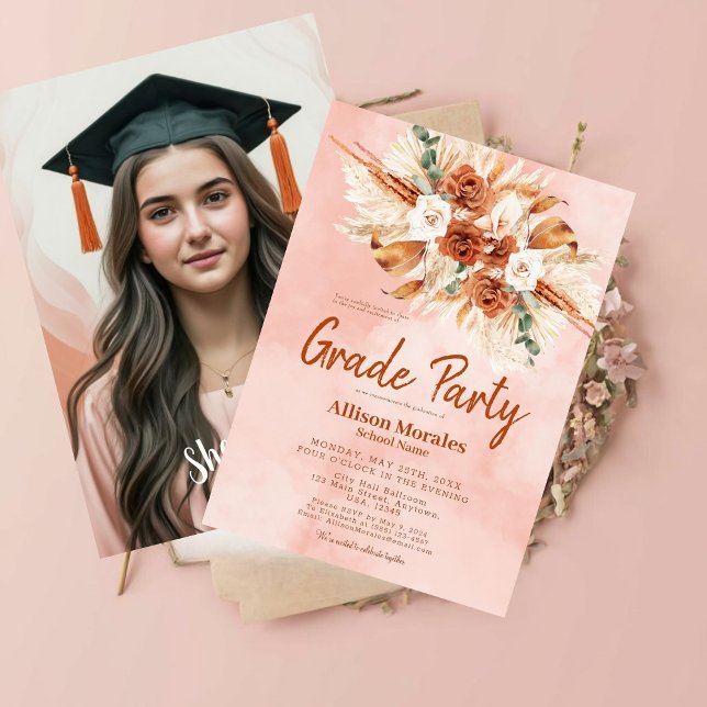 Boho Terracotta Peach Fuzz Pampas Graduation Invitation (Creator Uploaded)