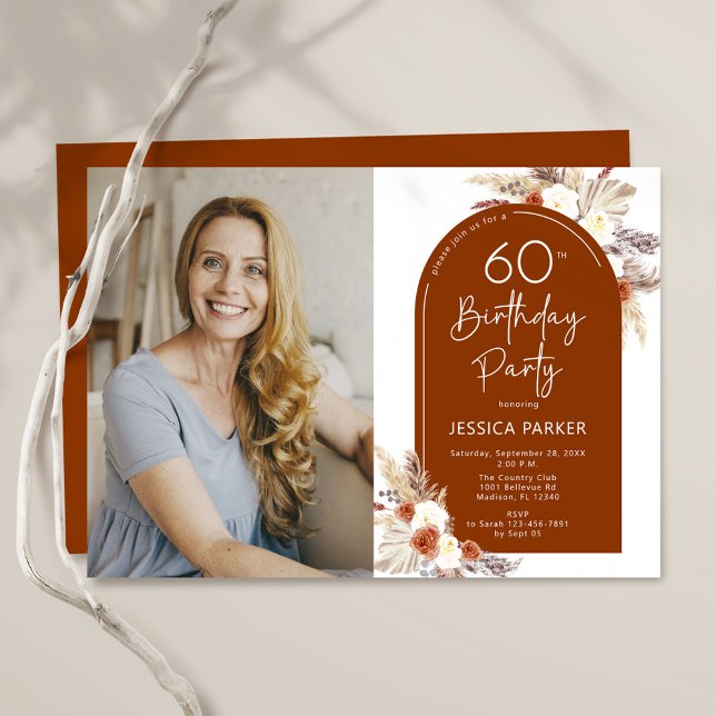 Boho Terracotta Photo 60th Birthday Invitation (Creator Uploaded)