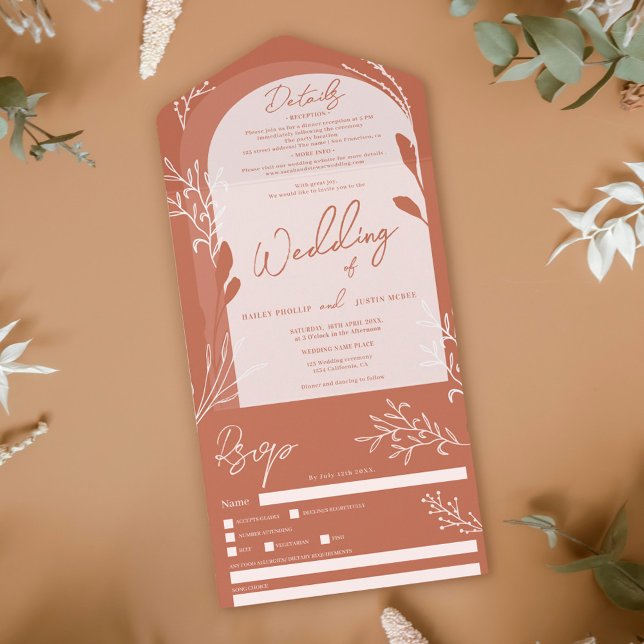 Boho terracotta photo floral rustic arch wedding all in one invitation (Creator Uploaded)