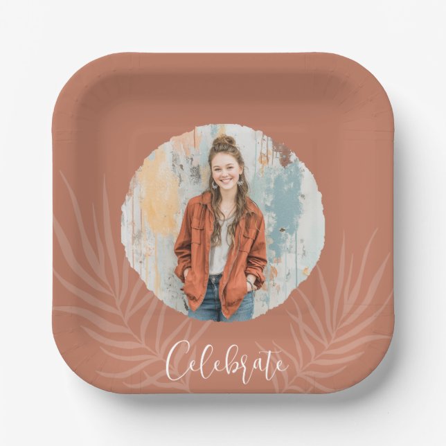 Boho Terracotta Photo Graduation Paper Plate (Front)