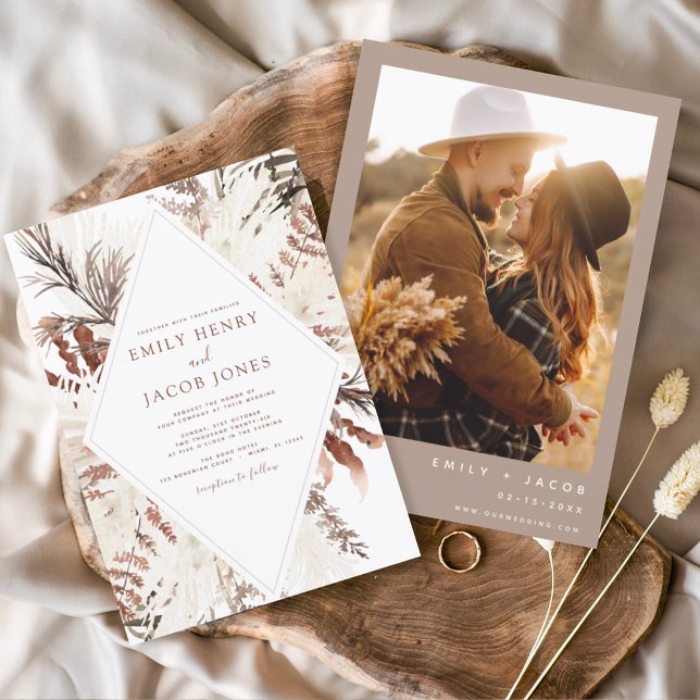 Boho Terracotta Photo Pampas Grass Wedding Invitation (Creator Uploaded)